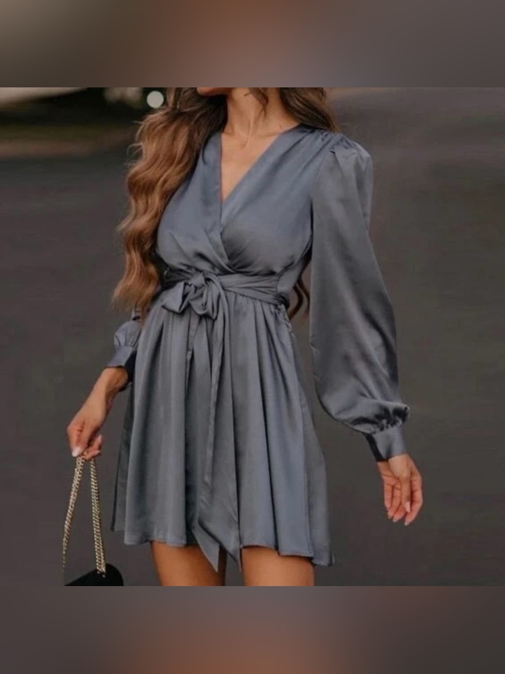 EXPRESS L Bluish Gray Satin Long Sleeve Belted Wrap Mini Dress